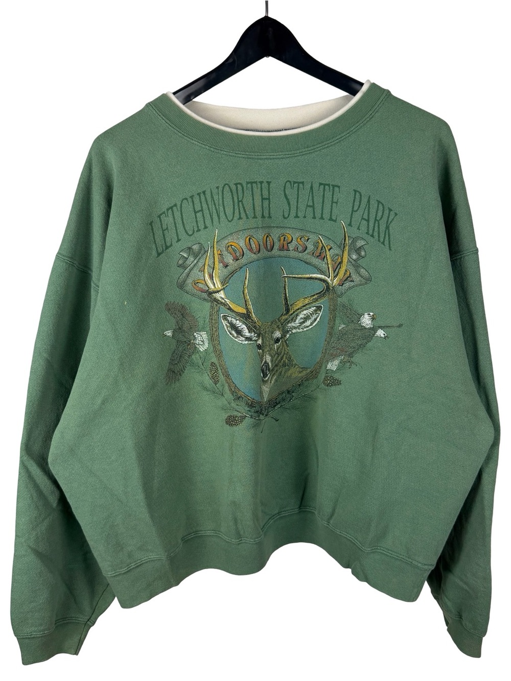 Vintage 90s Letchworth State Park Deer Boxy Green Pullover Sweatshirt Size XL